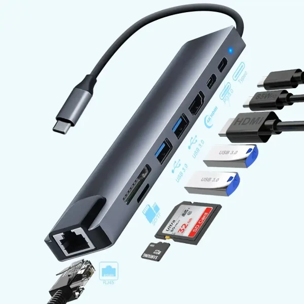 Zeus Adapter-konverter USB Tip C  11/1 1xUSB3.0/3xUSB2.0/HDMI/TF/SD/Audio/RJ45/VGA/Tip C PD